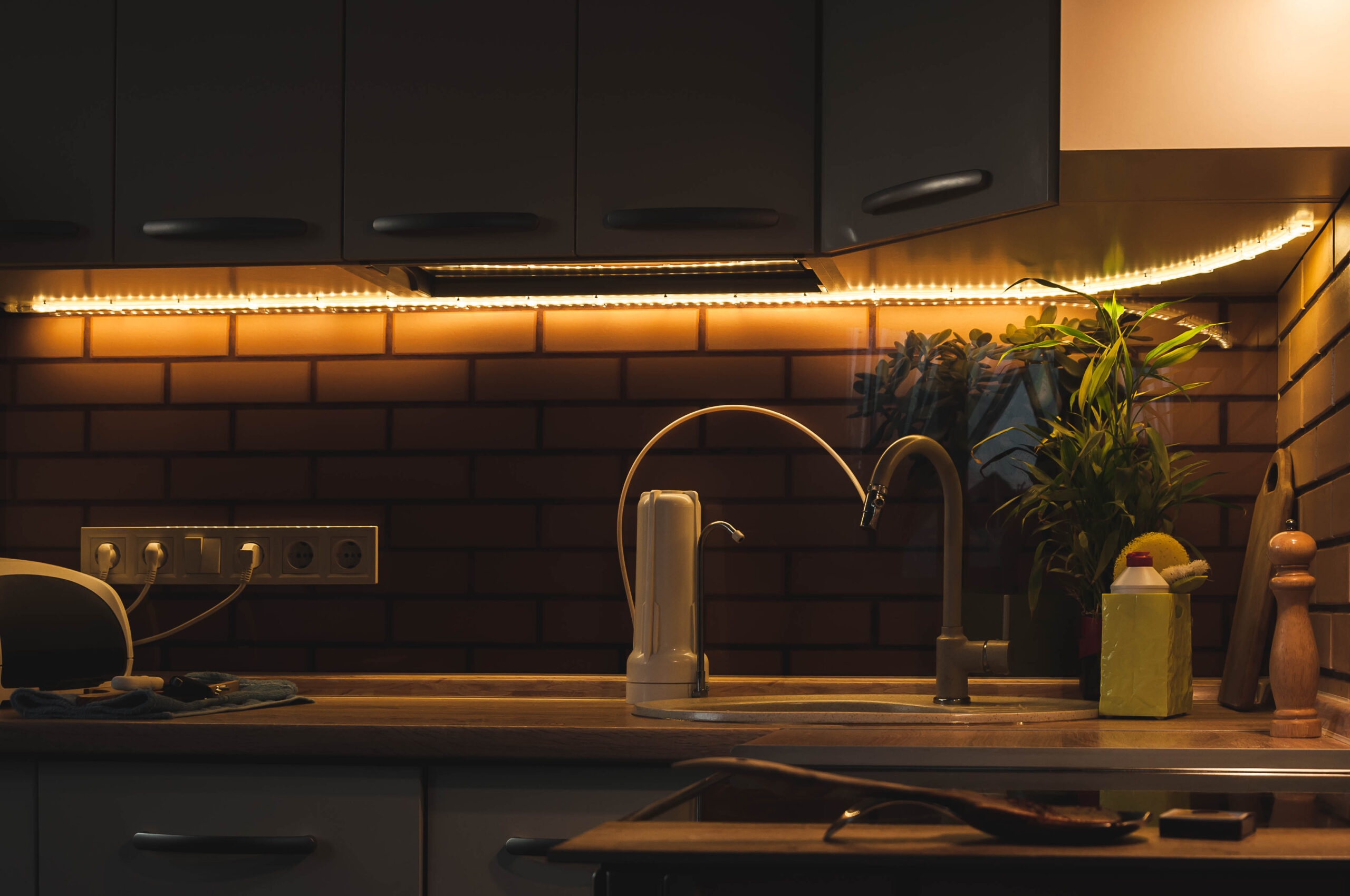 Kitchen with a strip of LED light