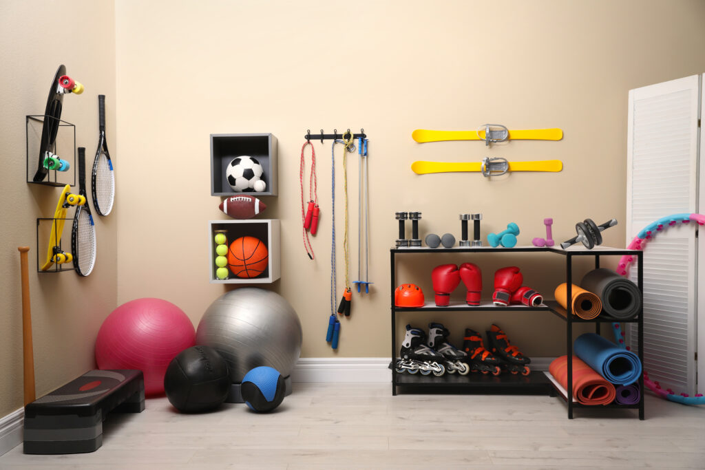 room for sports equipment storage with well organized shelves