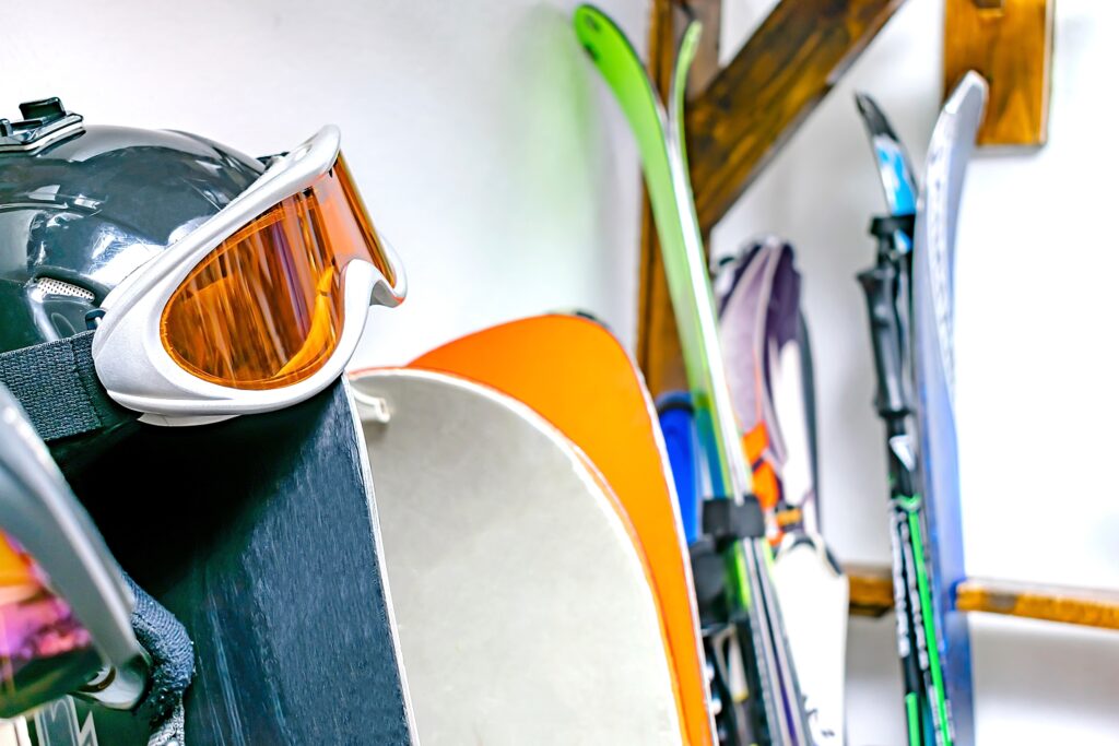 sports equipment storage with skiing gear