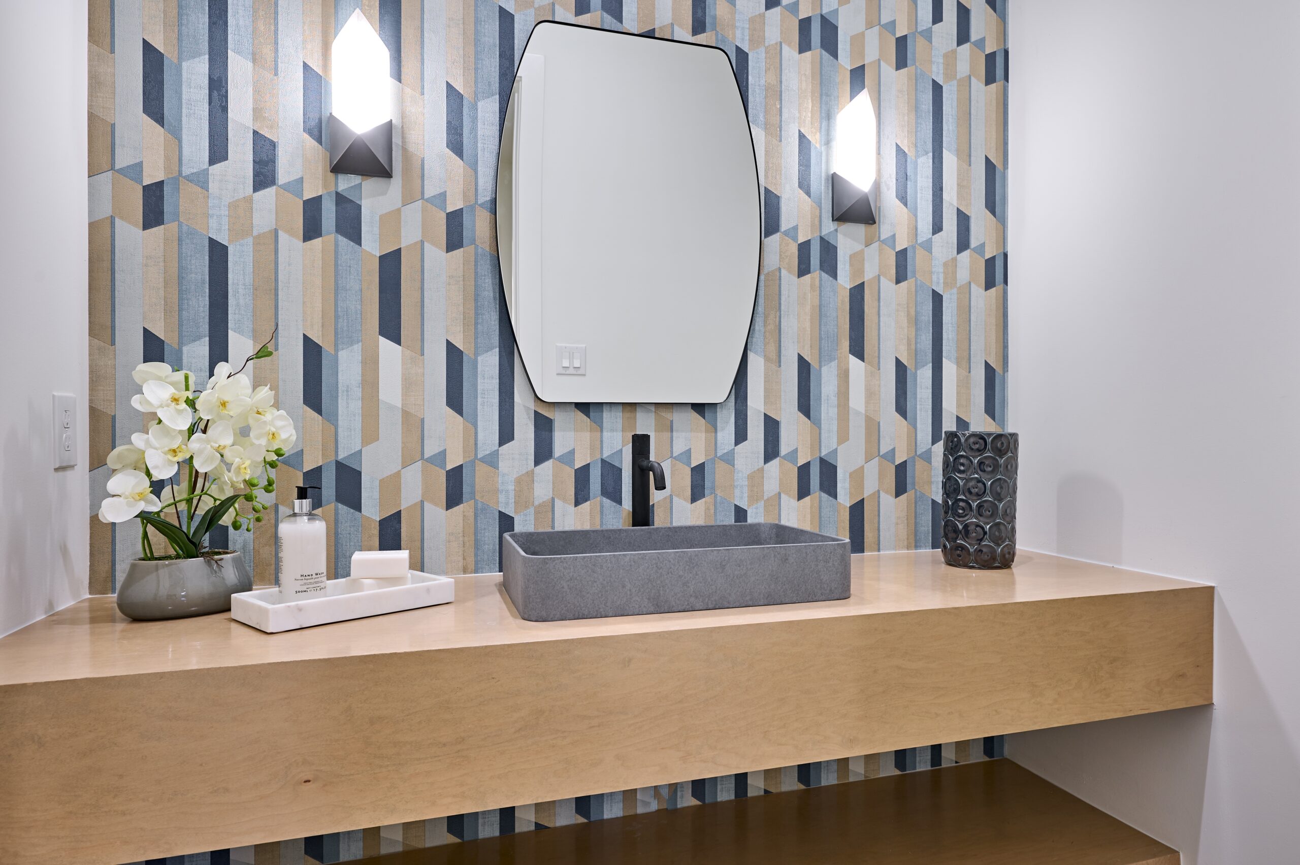 modern bathroom with a custom wallpaper