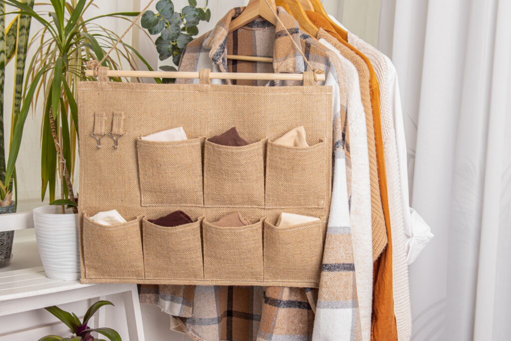 hanging organizer for closet with accessories next to clothes rack