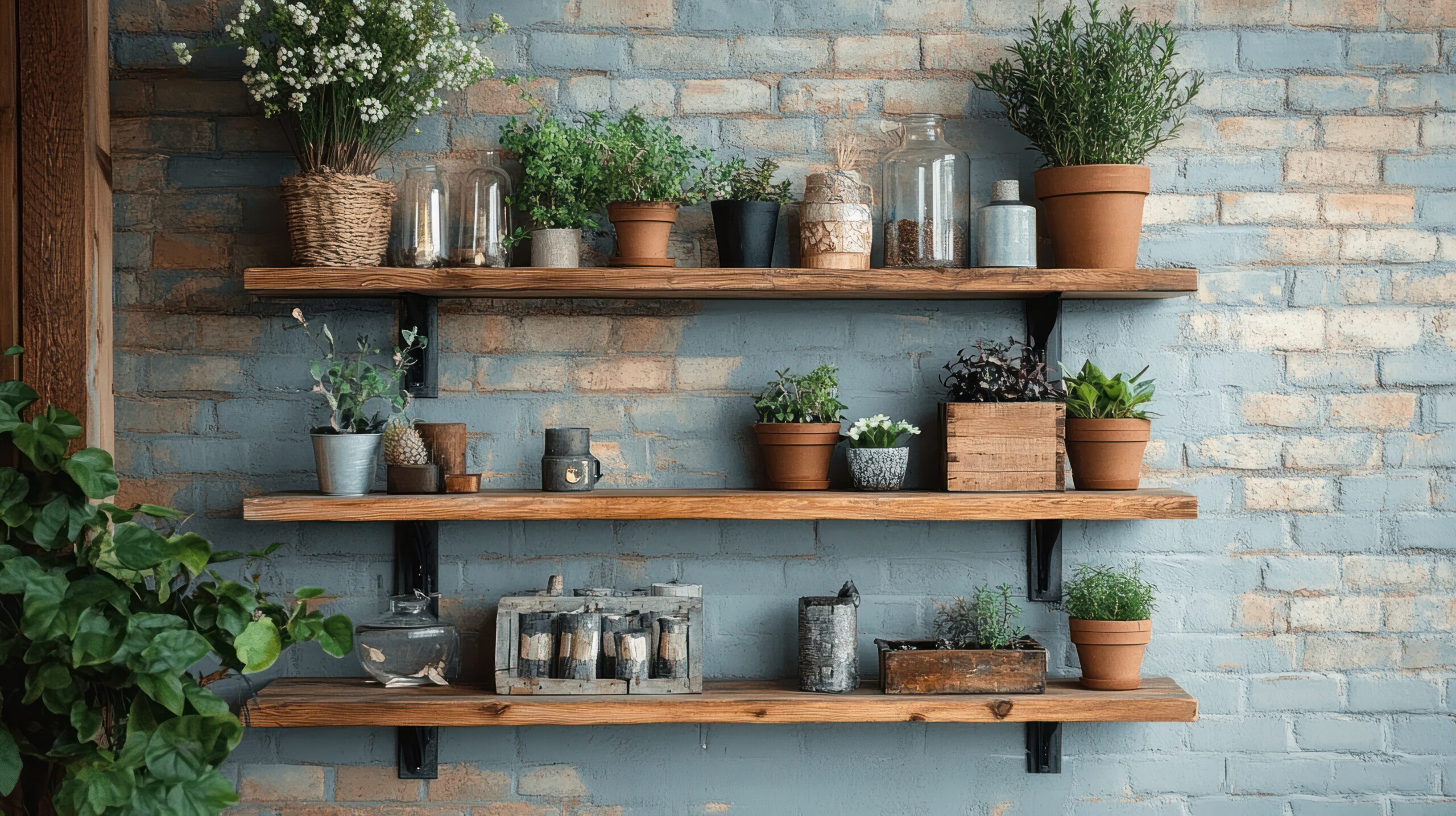 Floating shelves with potted plants