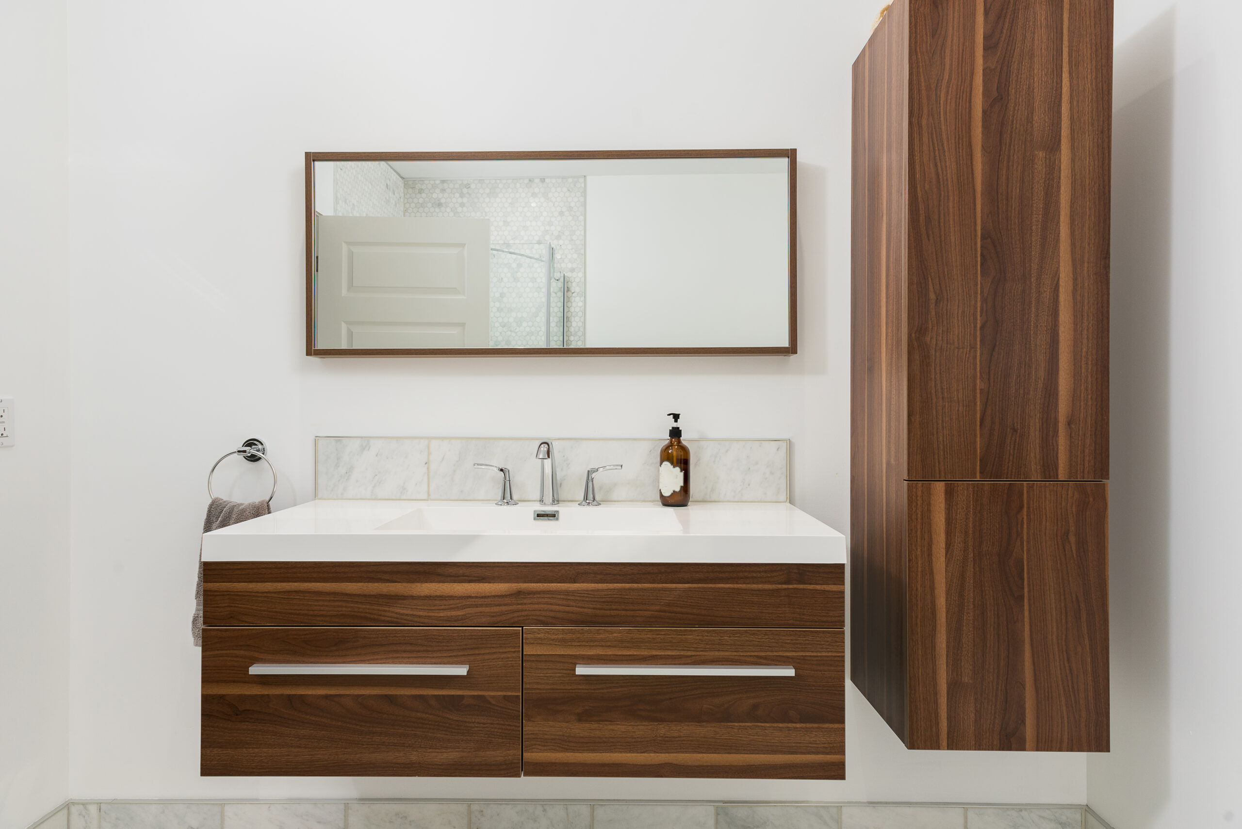 modern bathroom vanity with a wooden theme
