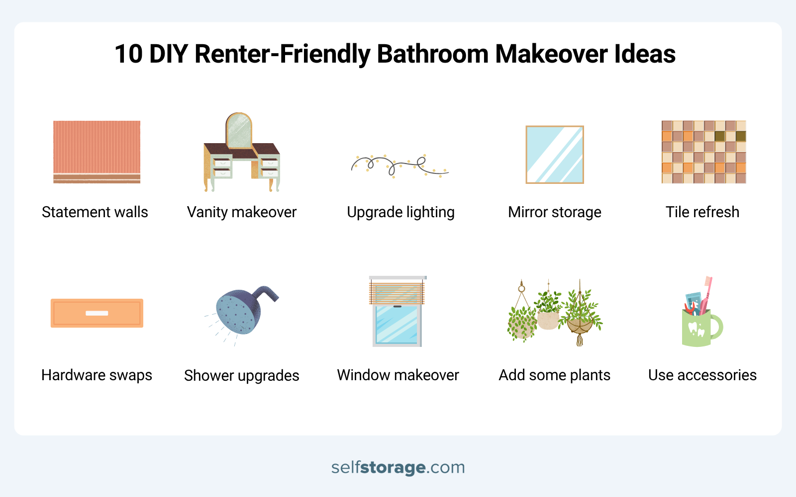 Graphics listing 10 ideas for DIT renter-friendly bathroom makeover