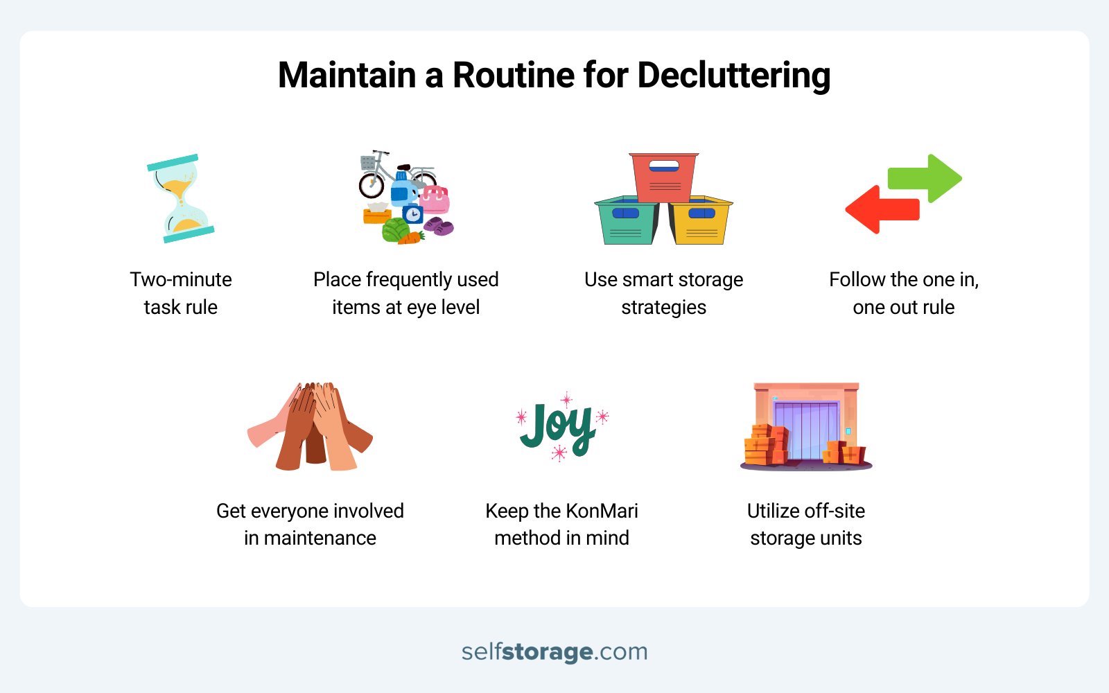 Graphics with tips on how to maintain a routine for decluttering