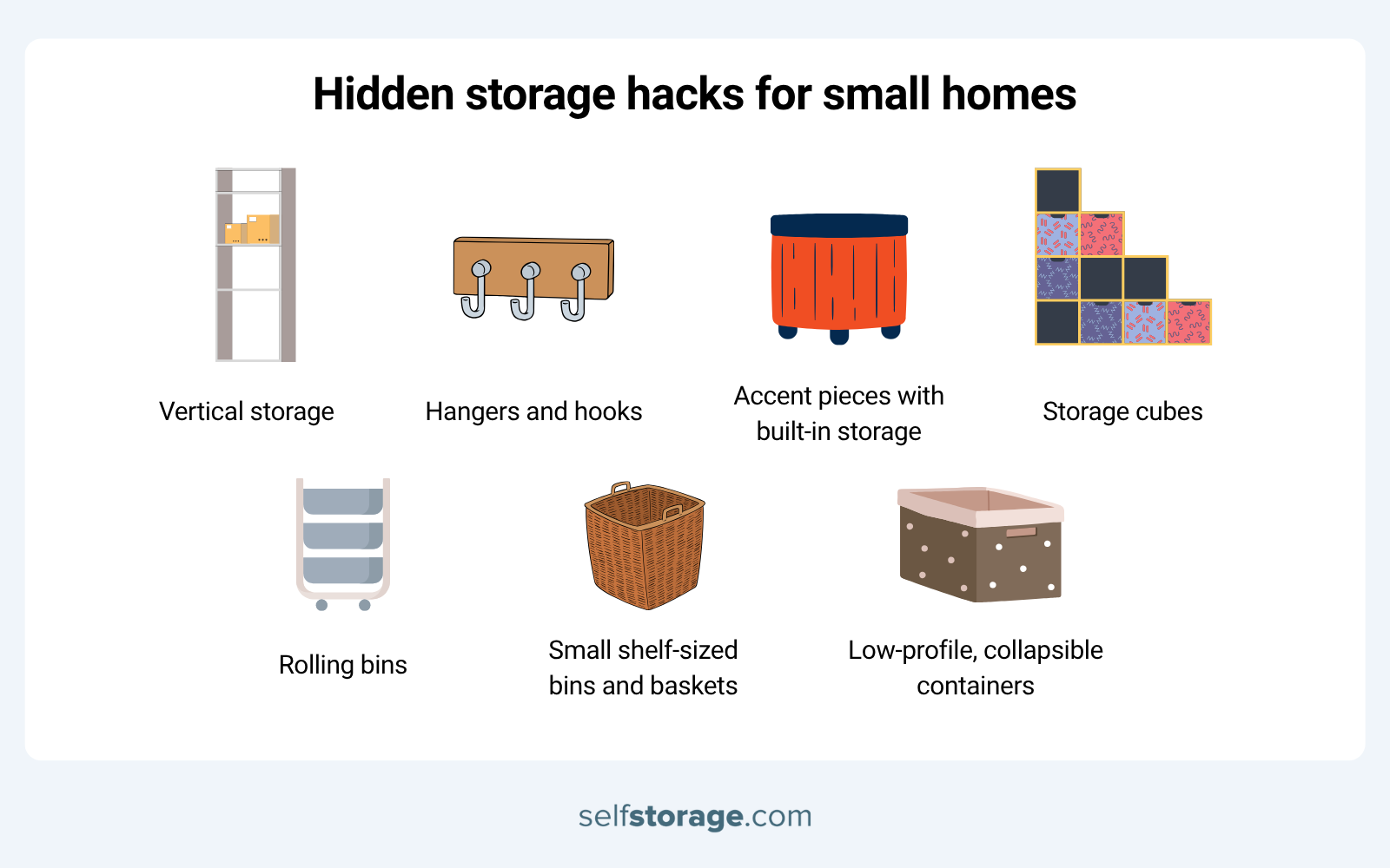 Infographics with storage hacks for small space living