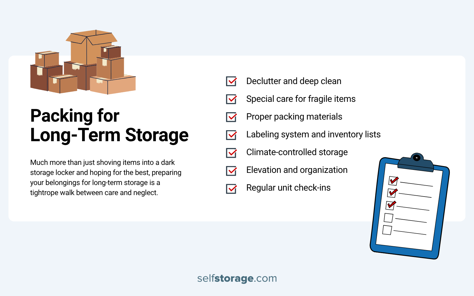 Graphics listing key takeaways for packing for long term storage
