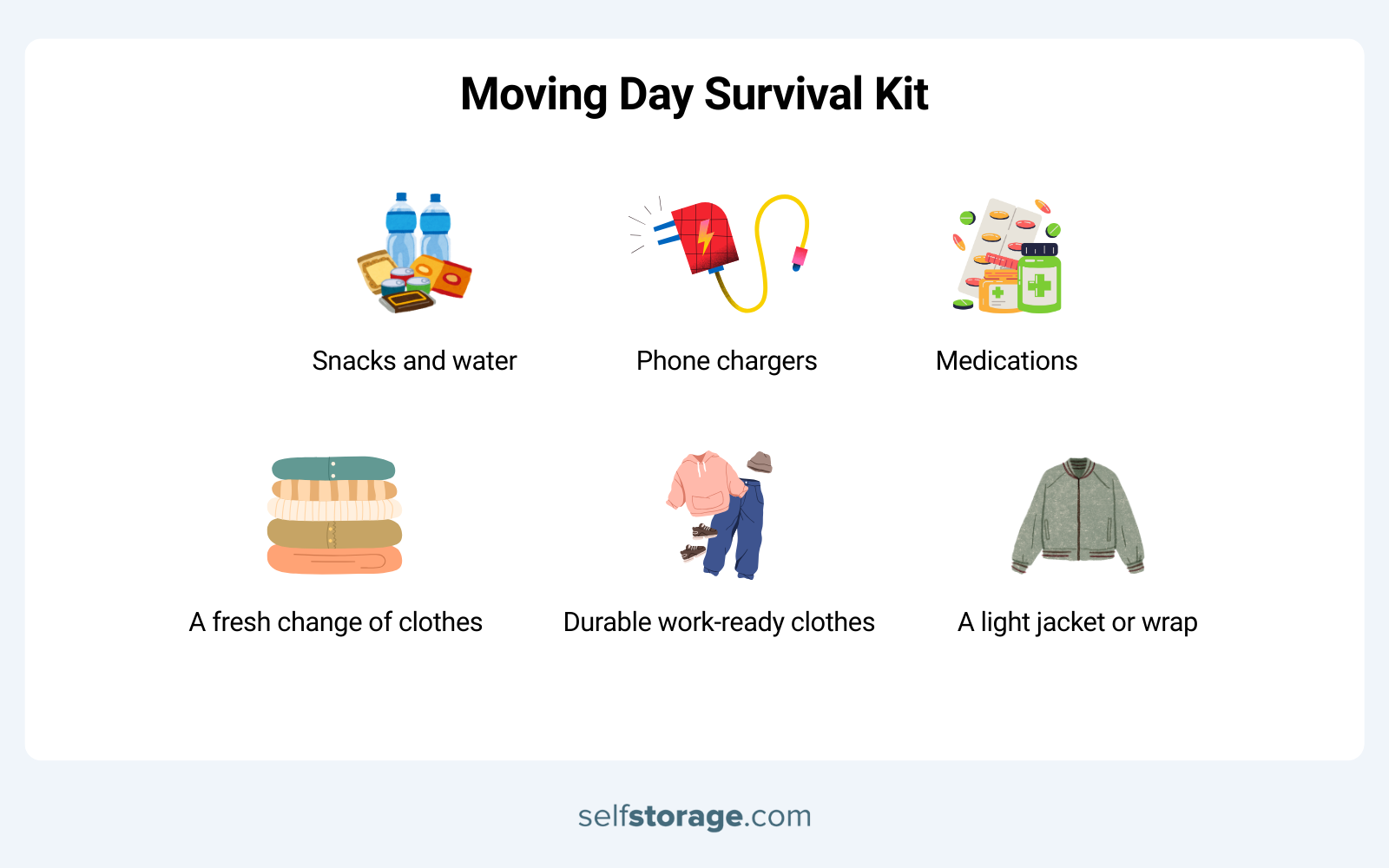Graphics of moving day survival kit with suggested items for moving day