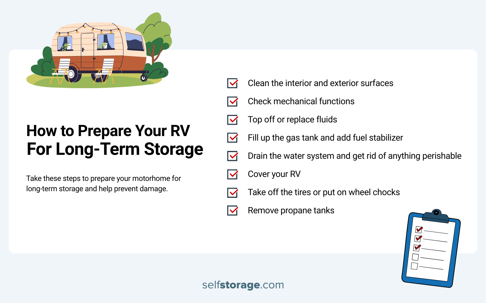 Checklist on how to prepare RV for long-term storage