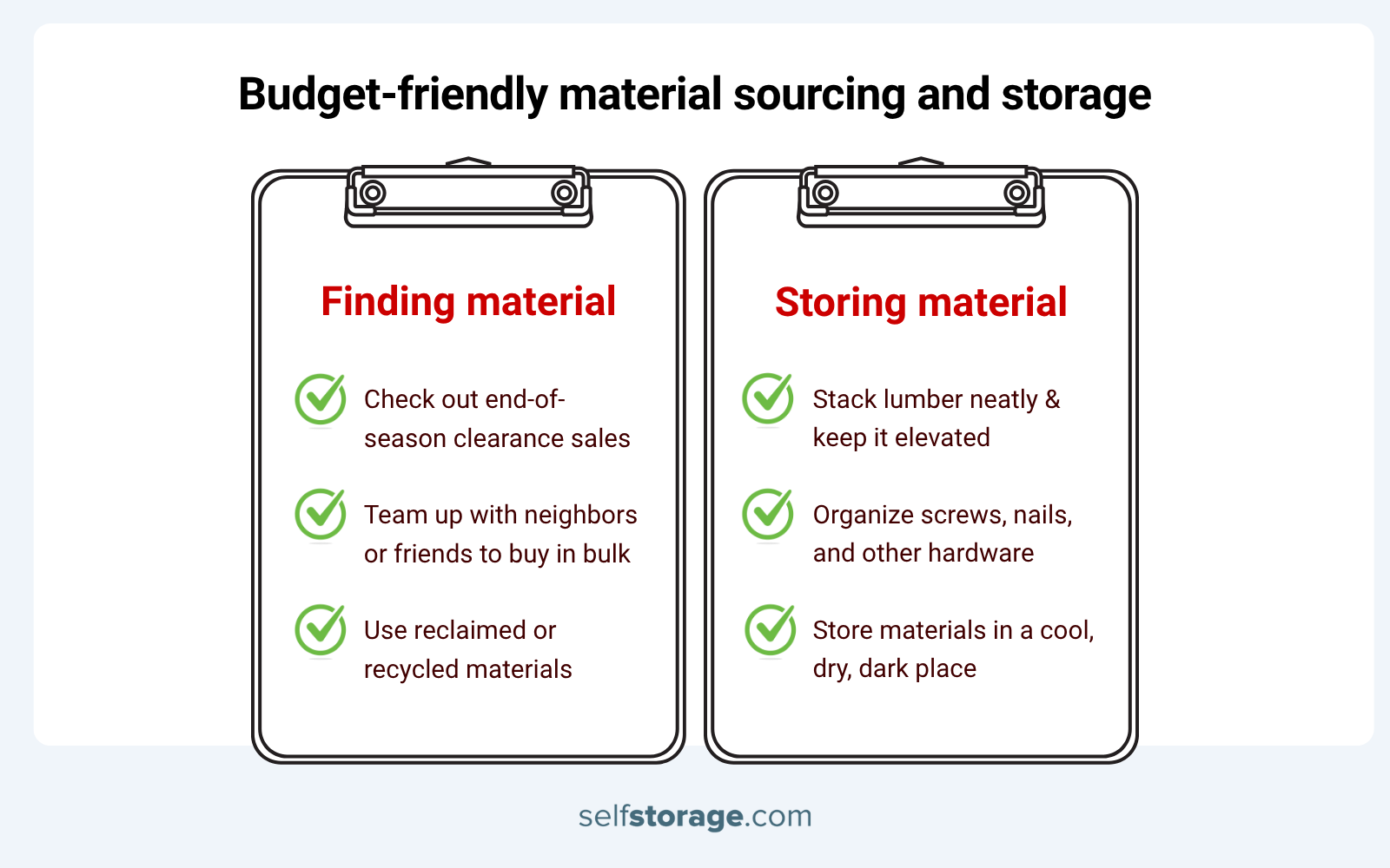 Infographics with budget-friendly tips on how to source and store material