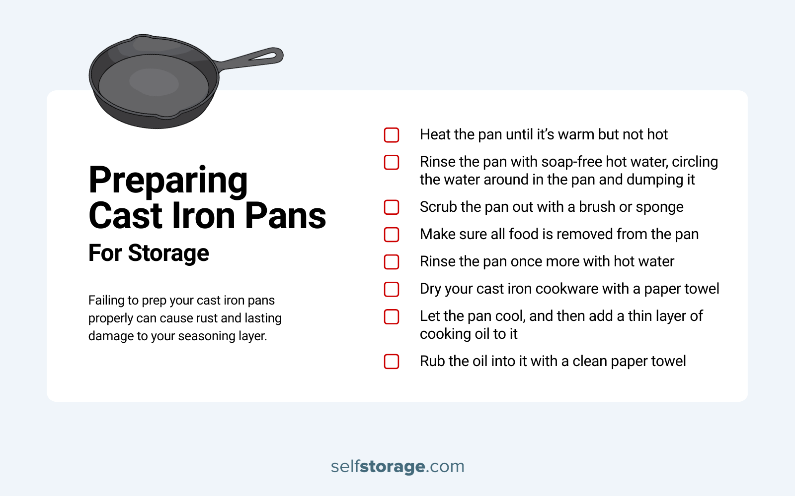 steps to prepare cast iron pans for storage