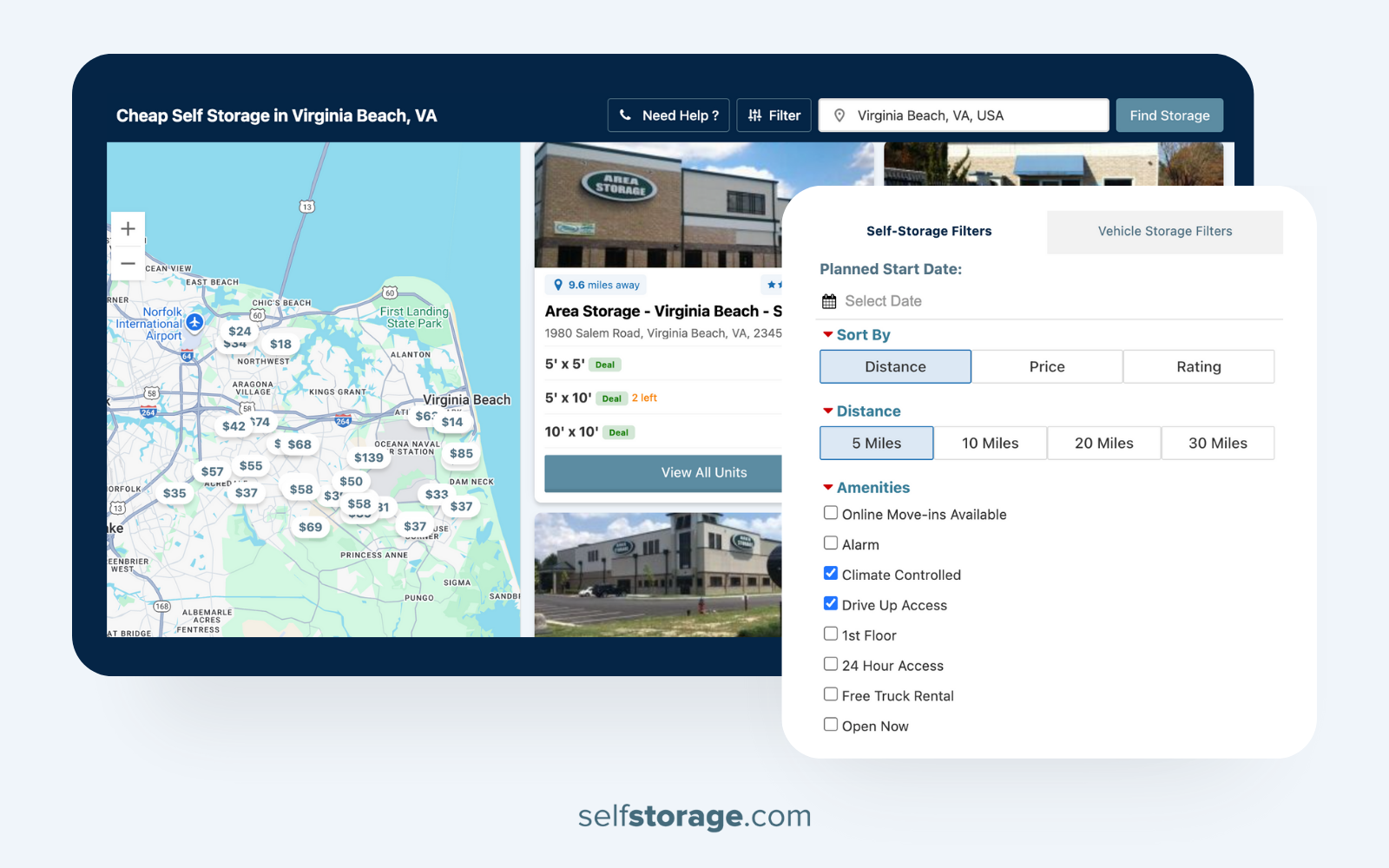 Screenshot of Selfstorage.com's filter feature