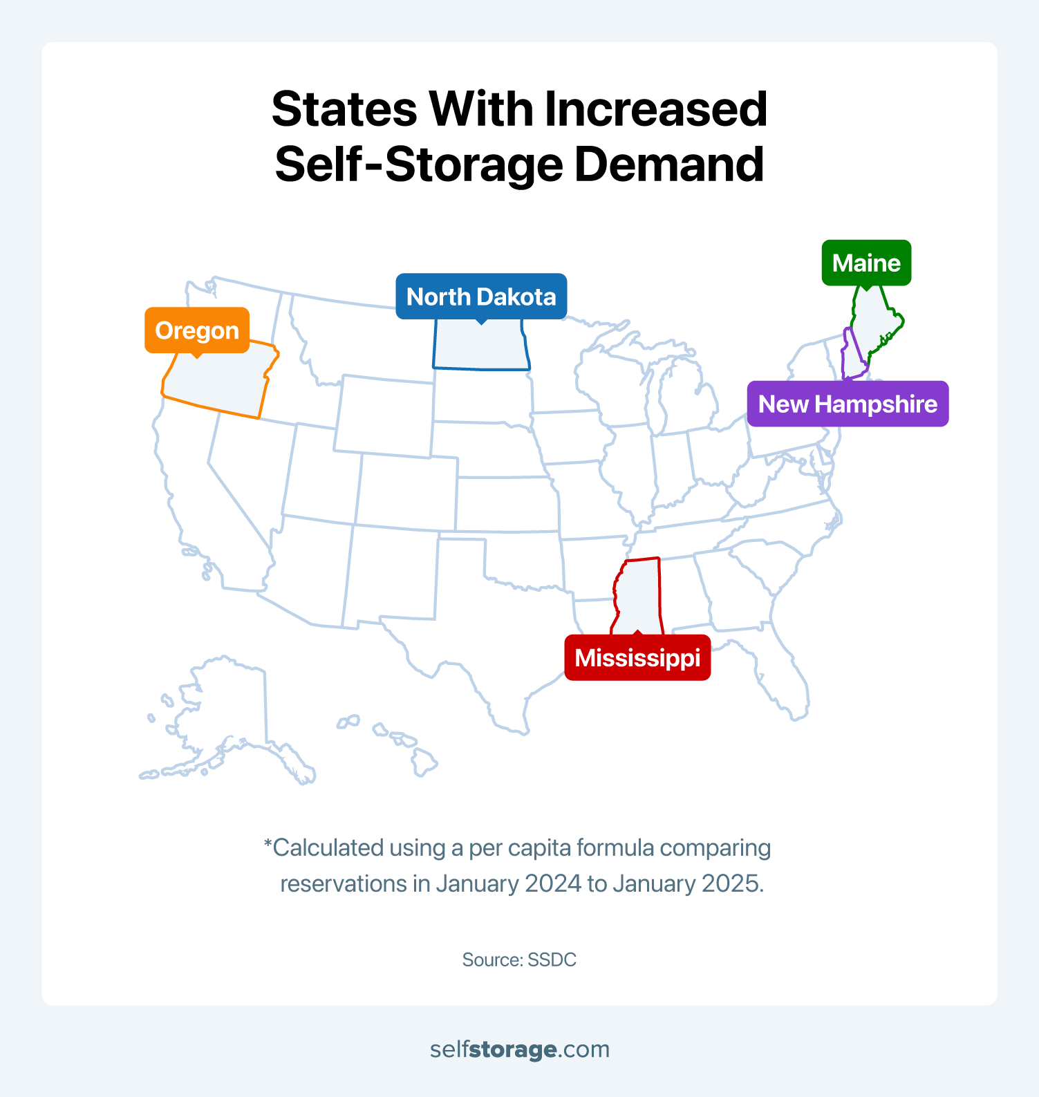 map of the United States highlighting states with increased self-storage demand: Oregon, North Dakota, Mississippi, New Hampshire, and Maine. 