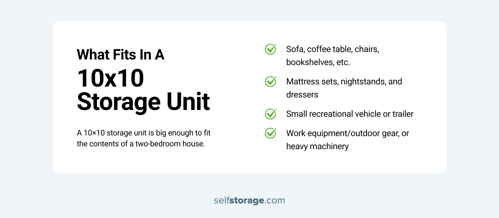List of items that fit in a 10x10 storage unit