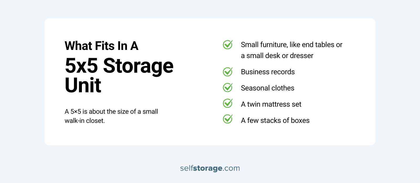 List of items that fit in a 5x5 storage unit